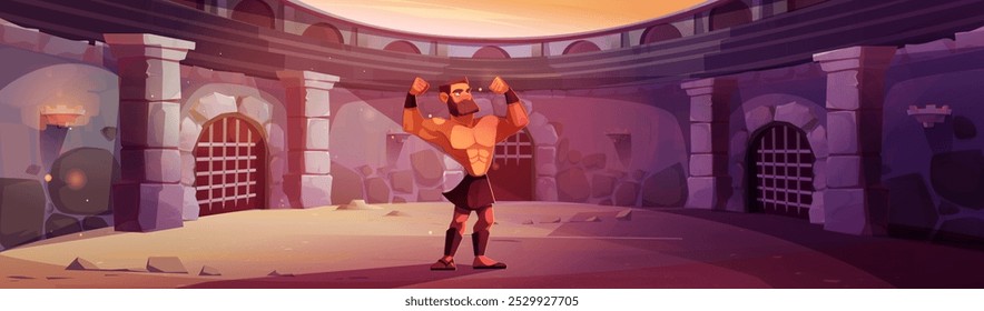 Gladiador demonstrando músculos em arena antiga. Ilustração em quadrinhos de vetor de homem forte com rosto barbudo sério e torso muscular no palco antigo do coliseu, vencedor da luta comemorando o sucesso