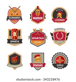 Gladiator emblems set with spartan fighting symbols isolated vector illustration