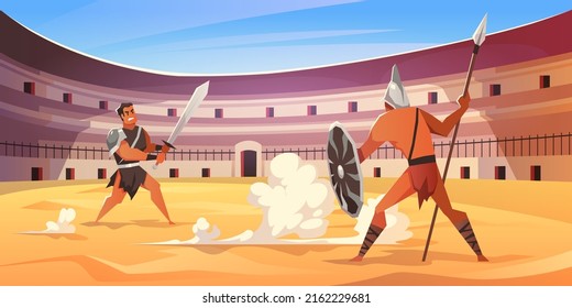 Gladiator Fight. Cartoon Roman Fighters At Colosseum Arena, Warriors Attack, Various Weapons And Armor, Ancient Battle Show, Characters In Traditional Costumes, Vector Isolated Concept