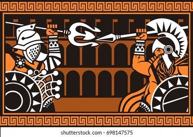 gladiator fighting in arena coliseum against spartan soldier