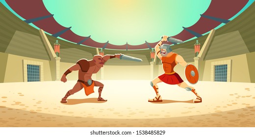 Gladiator Fighting With Barbarian On Coliseum Arena, Ancient Roman Armored Spartan Warrior And Dark-skinned Moor Fight On Swords, Greek Soldier With Shield Battle Show. Cartoon Vector Illustration