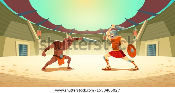 Gladiator fighting with barbarian on\
coliseum arena, ancient roman armored spartan warrior and\
dark-skinned moor fight on swords, greek soldier with shield battle\
show. Cartoon vector\
illustration