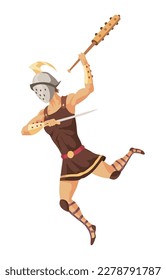 Gladiator fighting. Warrior ancient roman armored warrior. Ancient history combat show for audience. Cartoon vector illustration