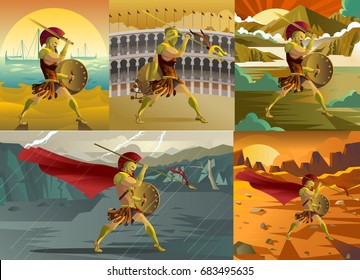 gladiator, greece trojan warrior and spartan soldiers scenes