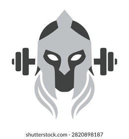 Gladiator helmet with dumbbells, symbolizing strength and fitness, intense workout concept