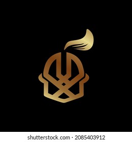 Logotipo del casco Gladiador Diseño Vector Ilustración Escudo blanco dorado