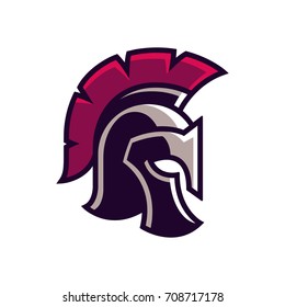 Gladiator Helmet Logo Or Icon. Greek Spartan Warrior Armor In Cartoon Comic Book Style, Vector Illustration.