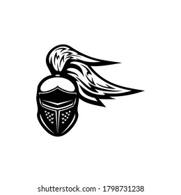 Gladiator helmet with plumes isolated monochrome icon. Vector crusader headgear, medieval knight head, sport mascot emblem. Ancient protection cap with feathers, spartan military armor, royal guard