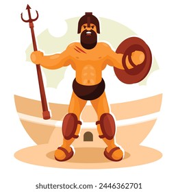Gladiator in helmet with trident and shield in arena. Vector graphics
