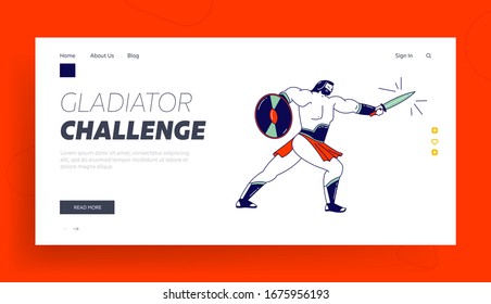 Gladiator Holding Shield and Sword Fighting on Coliseum Arena Landing Page Template. Spartan Male Character Legionary Soldier, Roman Warrior Ancient History or Combat Show. Linear Vector Illustration