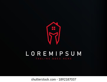 Gladiator Home Logo Design. Vektorgrafik einer Kombination aus einem Haus und einem Gladiatorhelm. Moderne Design-Vorlage für Zeilensymbole