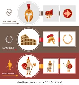 Gladiator horizontal banner set with warrior accessories elements isolated vector illustration