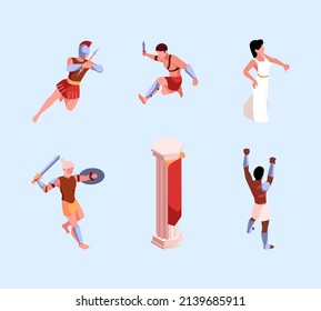 Gladiator isometric. Ancient rome heavy warrior centurions myth battle fighters with weapons garish vector historical characters