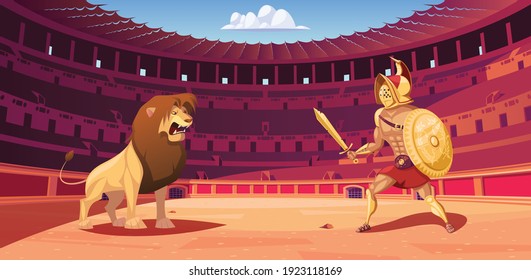 Gladiator and lion fight in  Coliseum arena vector illustration - Shutterstock ID 1923118169