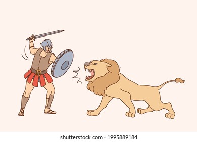 Gladiador con concepto de lucha de leones. Caricatura de un joven gladiador con uniforme especial de pie y luchando con un león durante la ilustración de un vector 