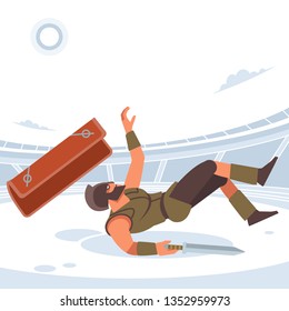 Gladiator lost in gladiatorial combat. Warrior's death. Vector isolated illustration. Flat cartoon style.
