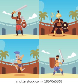 Gladiator men on fighting arena - cartoon poster set of ancient Roman warriors in different historical costumes holding weapon ready to fight, vector illustration.