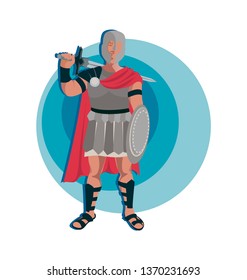 Gladiator Roman warrior character in armor with a sword and shield. Emblem. Invitation to travel to Italy, Rome. Design elements for a themed poster.Vector illustration isolated on a white background