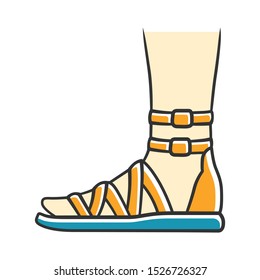 Gladiator sandals yellow color icon. Woman stylish footwear design. Female casual shoes, modern summer flats with ankle strap side view. Fashionable ladies apparel. Isolated vector illustration