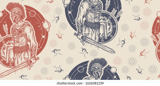 Gladiator spartan warrior holding sword and shield. Seamless pattern. Packing old paper, scrapbooking style. Vintage background. Medieval manuscript, engraving art. Legionary of ancient Rome 