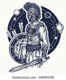 Gladiator spartan warrior holding sword and shield tattoo art. Symbol of bravery, force, army, hero. Spartan warrior t-shirt design. Legionary of ancient Rome and Greece 