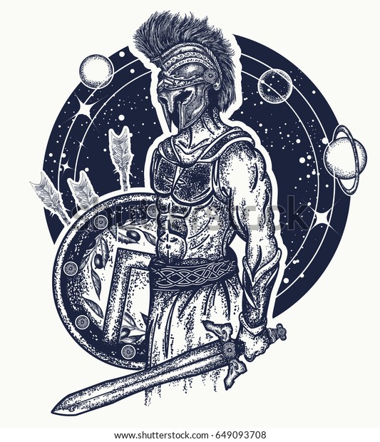 剣と盾の入れ墨を持つグラディエイター スパルタン戦士 勇敢さ 力 軍隊 英雄の象徴 スパルタの戦士tシャツデザイン 古代ローマとギリシャの軍団 のベクター画像素材 ロイヤリティフリー