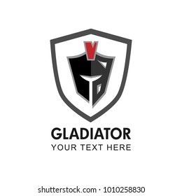 Gladiator themed vector graphic logo. Helmet of Roman warrior in shield, grey, black and red colored gladiator logo.
