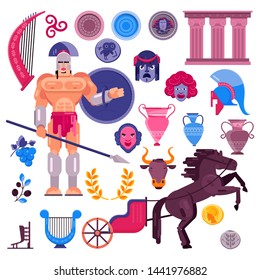 Gladiator vector roman warrior greek character in armor with historical weapon and shield in ancient Rome illustration set of man warrio fighting in Greece war, isolated on white background