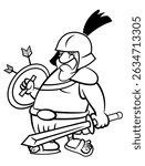Gladiator Warrior cartoon characters wearing helmet and armor, carrying a sword and shield. Best for outline, logo, and coloring book with history themes