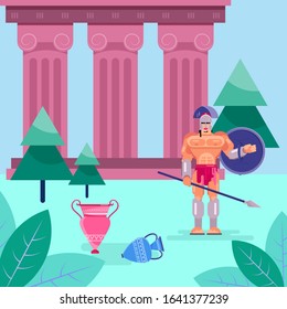 Gladiator warrior fighter in armor with shield vector illustration flat. Greek roman historical character man weapons. Ancient Greece or Rome. Temple colonne ruin, amphoras.