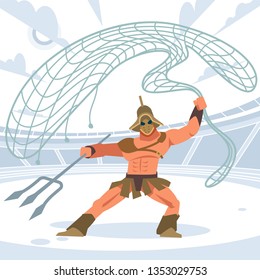 Gladiator warrior retiarius in the arena with a grid and a Trident. Front view. Vector isolated illustration. Flat cartoon style.
