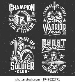 Gladiator warriors with sword tshirt print, vector mascots for fighter or fitness club Apparel design. Roman or greek knights in helmet with plumage, shield or cape. T shirt prints with typography set