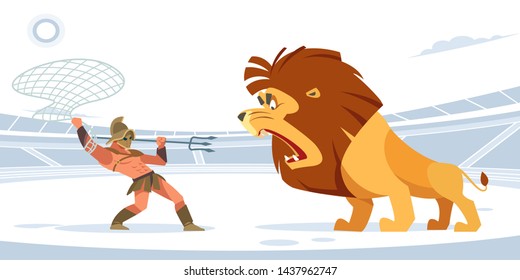 Gladiatorial combat with a lion. Gladiator with a net and a Trident against a giant lion in the arena. White isolated background. Vector flat style.