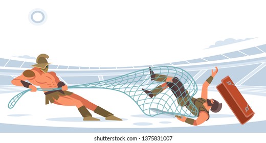 Gladiatorial fights. Syrian retiarius vs Greek secutor. Vector isolated illustration. Flat cartoon style.