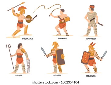 Gladiators characters set. Ancient Roman and Greek warriors, mythology characters, Spartan soldiers with swords and shields. Vector illustration for history, empire, war, fight concept