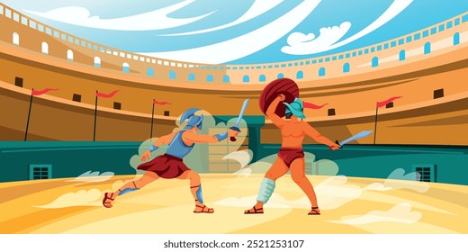 Gladiators fight in coliseum. Roman gladiator battle arena, ancient rome empire colosseum medieval era muscle slave barbarian against armor warrior sword recent vector illustration original artwork