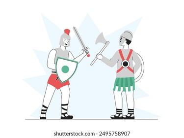 Gladiators fight concept. Men in armor with sword and ax fight. Medieval battle. Spartan knights on battlefield. Greek and Roman soldiers. Linear vector illustration isolated on white background