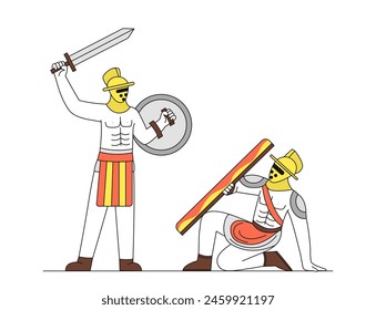 Los gladiadores luchan de manera simple. Dos hombres con espada y escudo. Peleas de mediana edad. Guerreros romanos y espartanos . Blindados en la arena. Doodle Ilustración vectorial plana aislada sobre fondo blanco