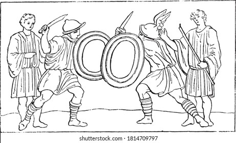 Gladiadores luchando después de un antiguo mosaico, Desde el Diccionario de Palabra y Cosas, 1888.