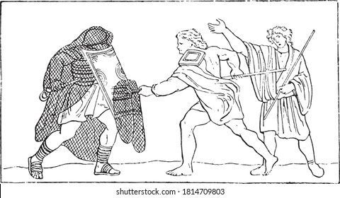 Gladiadores luchando después de un antiguo mosaico, Desde el Diccionario de Palabra y Cosas, 1888.