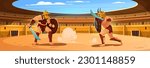 Gladiators fighting in a coliseum arena. Battle in an ancient Roman amphitheater. Warrior characters in armor with shields and swords in a stadium for game design. Cartoon vector illustration.