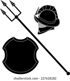 gladiators helmet and trident with shield. stencil. vector illustration