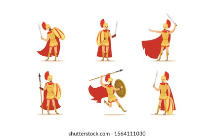Gladiators Holding Swords Vector Set. Fighting Characters in Action Poses