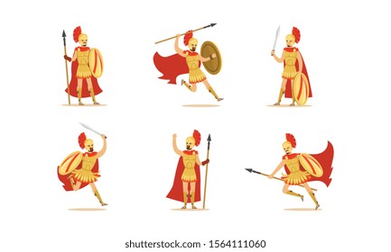 Gladiators Holding Swords Vector Set. Fighting Characters in Action Poses