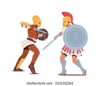 Gladiators Male Character Fighting On Coliseum Arena, Ancient Roman Armored Spartan Warriors Fight On Swords, Greek Soldiers With Shields Medieval Battle Show. Cartoon People Vector Illustration