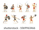 Gladiators Of Roman Empire Era In Historical Armor With Swords And Other Weapons Fighting On Arena Set Of Cartoon Characters