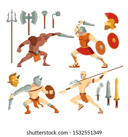 Gladiators set, ancient roman armored spartan warriors fighting on arena with sword, pitchfork and shield, greek soldiers and armor collection isolated on white background, Cartoon vector illustration