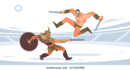 Gladiators. Spartan vs Thracian. Vector isolated illustration. Flat style.