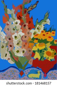Gladioli in a vase with a pet on a bright blue background.