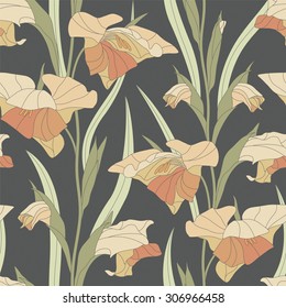 gladiolus on a dark background in seamless pattern